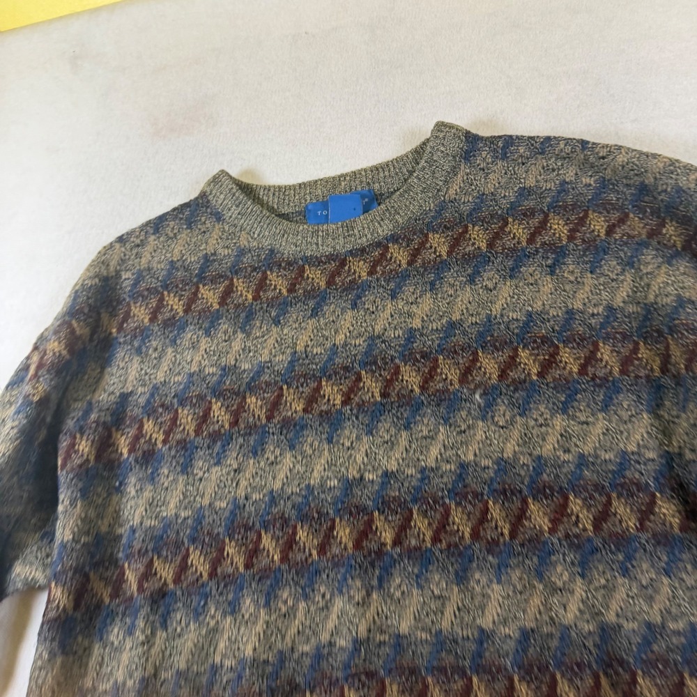 Towncraft Mens XL Geometric Fair Isle Crewneck Sweater Green Blue‎ Vintage Style